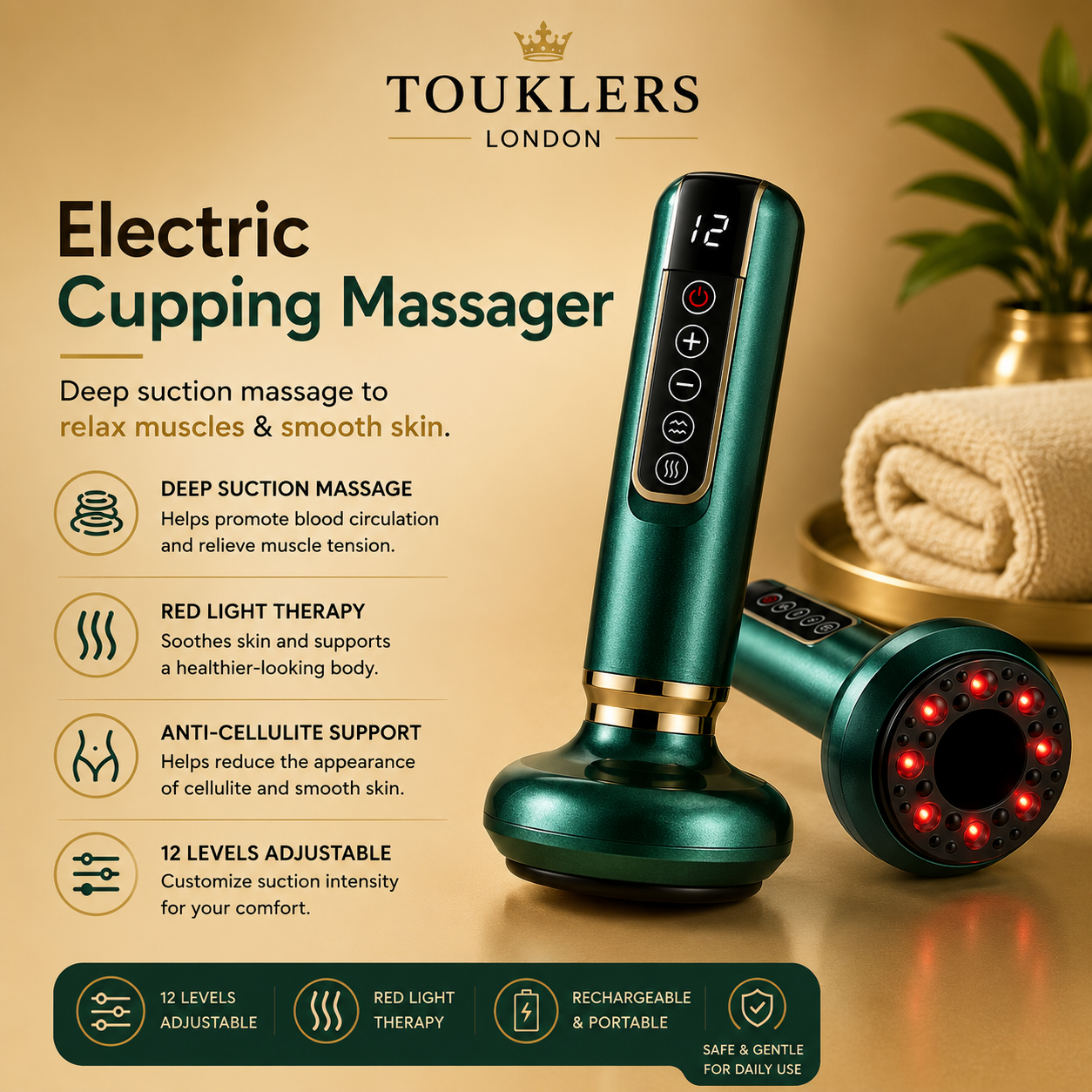 Touklers BodyCare Pro™ Electric Vacuum Cupping Massager | Smart Heated Gua Sha Therapy Device.Uk & Europe