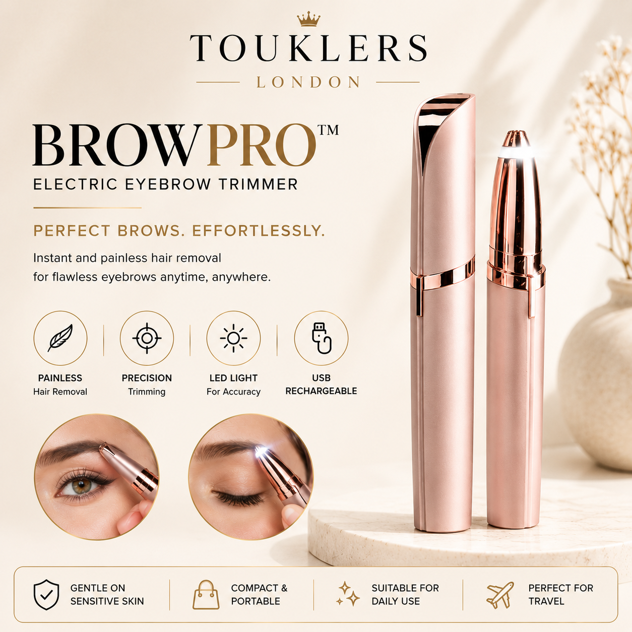 Touklers BrowPro™ Electric Eyebrow Trimmer | Painless Precision Hair Remover for Women.Uk & Europe