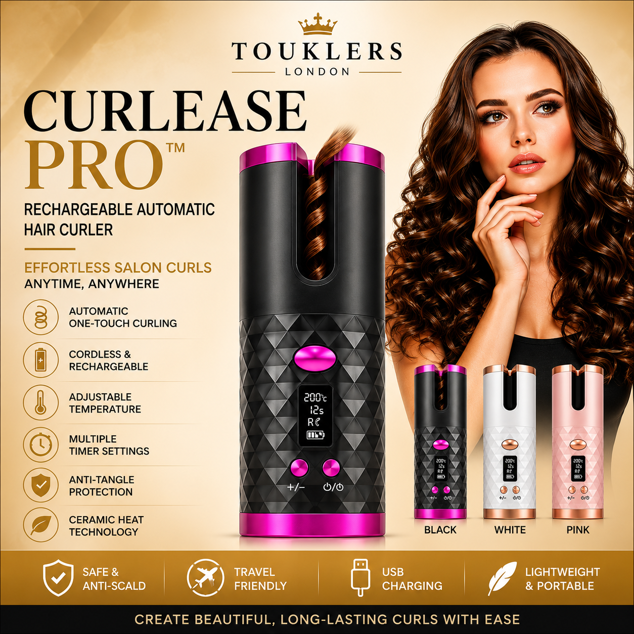  Touklers CurlEase Pro™ Rechargeable Automatic Hair Curler | Cordless Ceramic Curling Iron UK & Europe