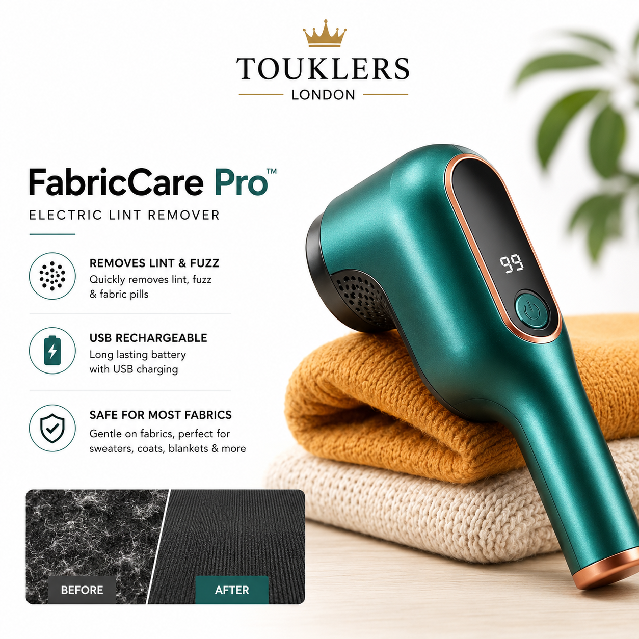 Touklers FabricCare Pro™ Electric Lint Remover | Rechargeable Fabric Shaver.uk & europe