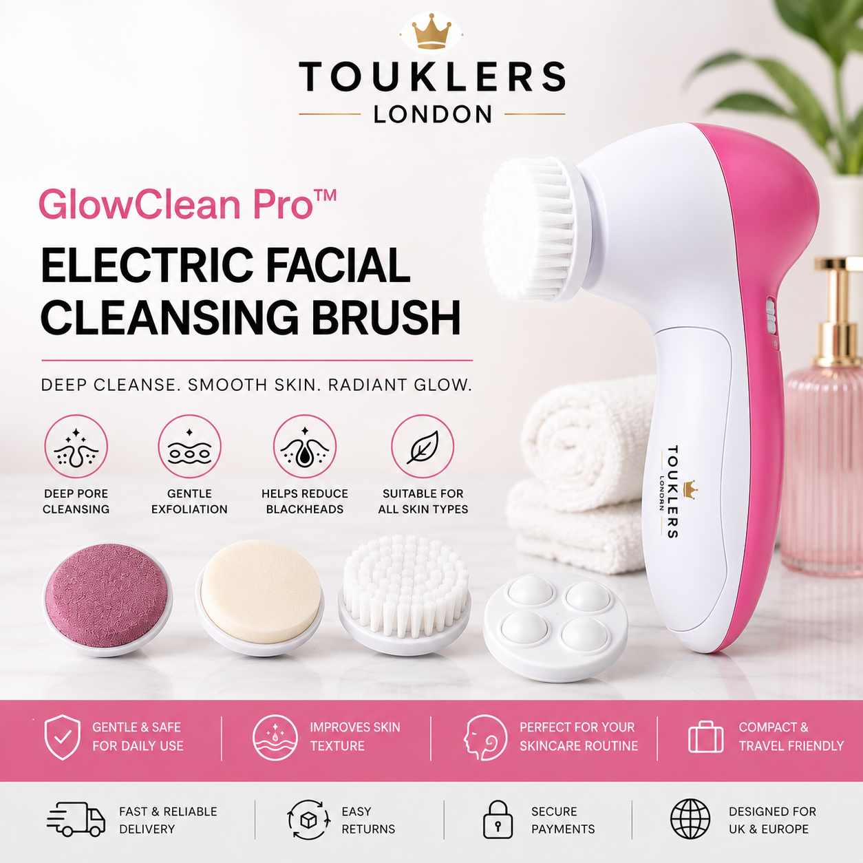 Touklers Facial Cleansing Brush for Deep Skin Care & Glowing Skin | UK & Europe