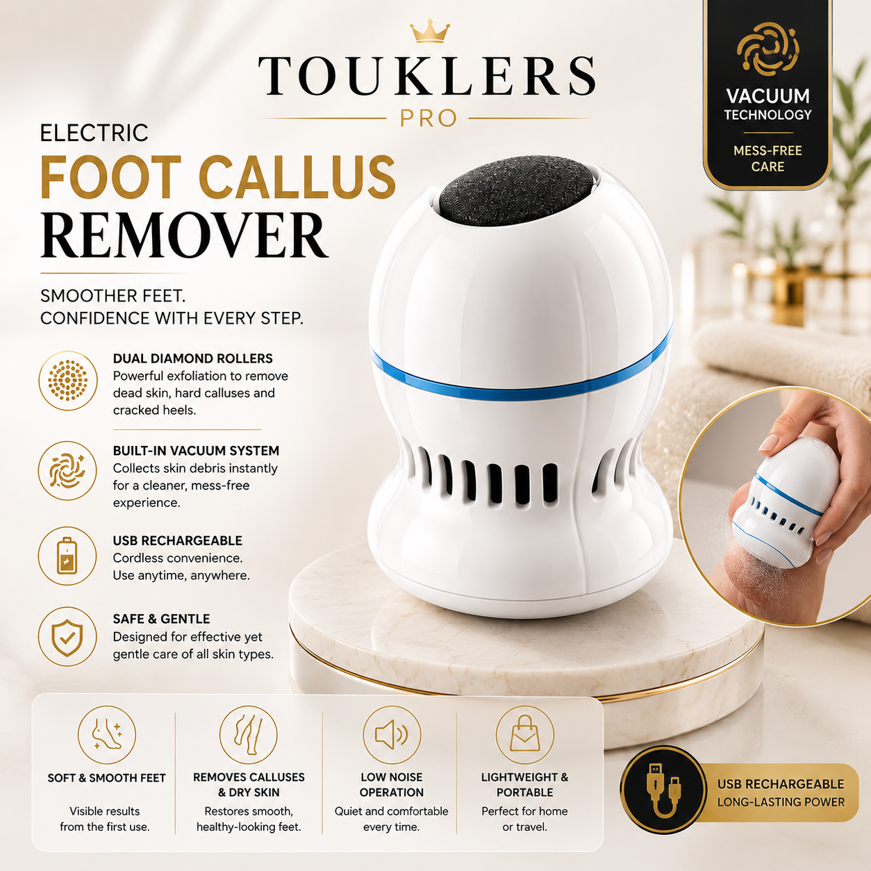 Touklers Pro™ Electric Foot Callus Remover | Rechargeable Pedicure Grinder.Uk & Europe