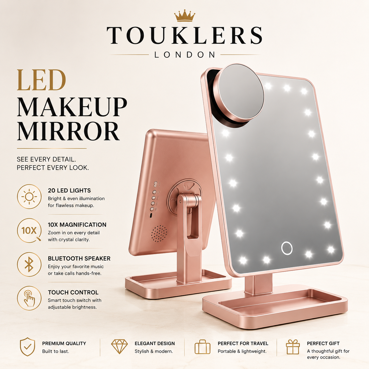 Touklers Pro™ LED Makeup Mirror with 20 LED Lights, 10X Magnification & Bluetooth Speaker.Uk And europe
