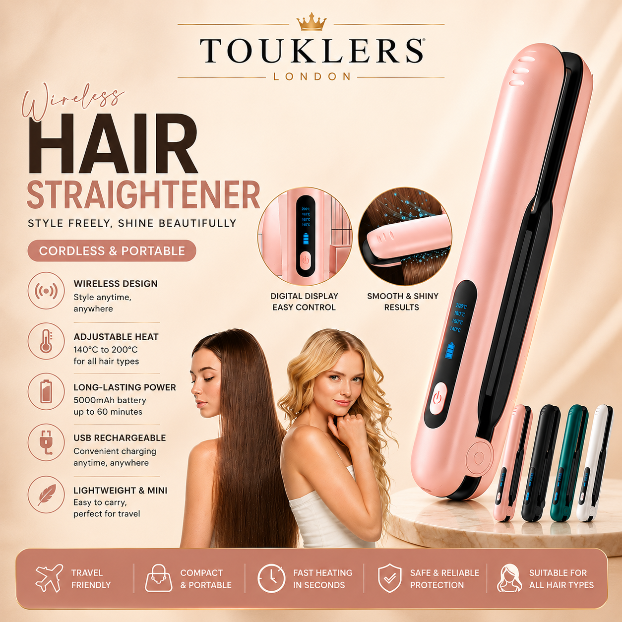 Touklers Pro™ Mini Cordless Hair Straightener & Curler | USB Rechargeable.Uk & Europe